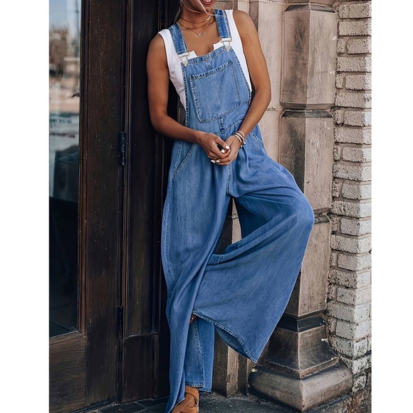 Medium Wash Pockets Wide leg Jean Denim overalls - Picture 1 of 6